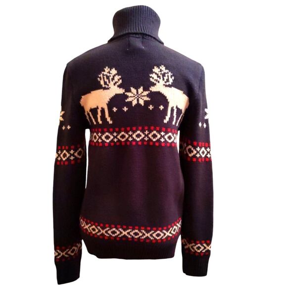 H&M Turtleneck Sweater Heavy Navy Blue Reindeer Pattern  XS - Picture 2 of 10